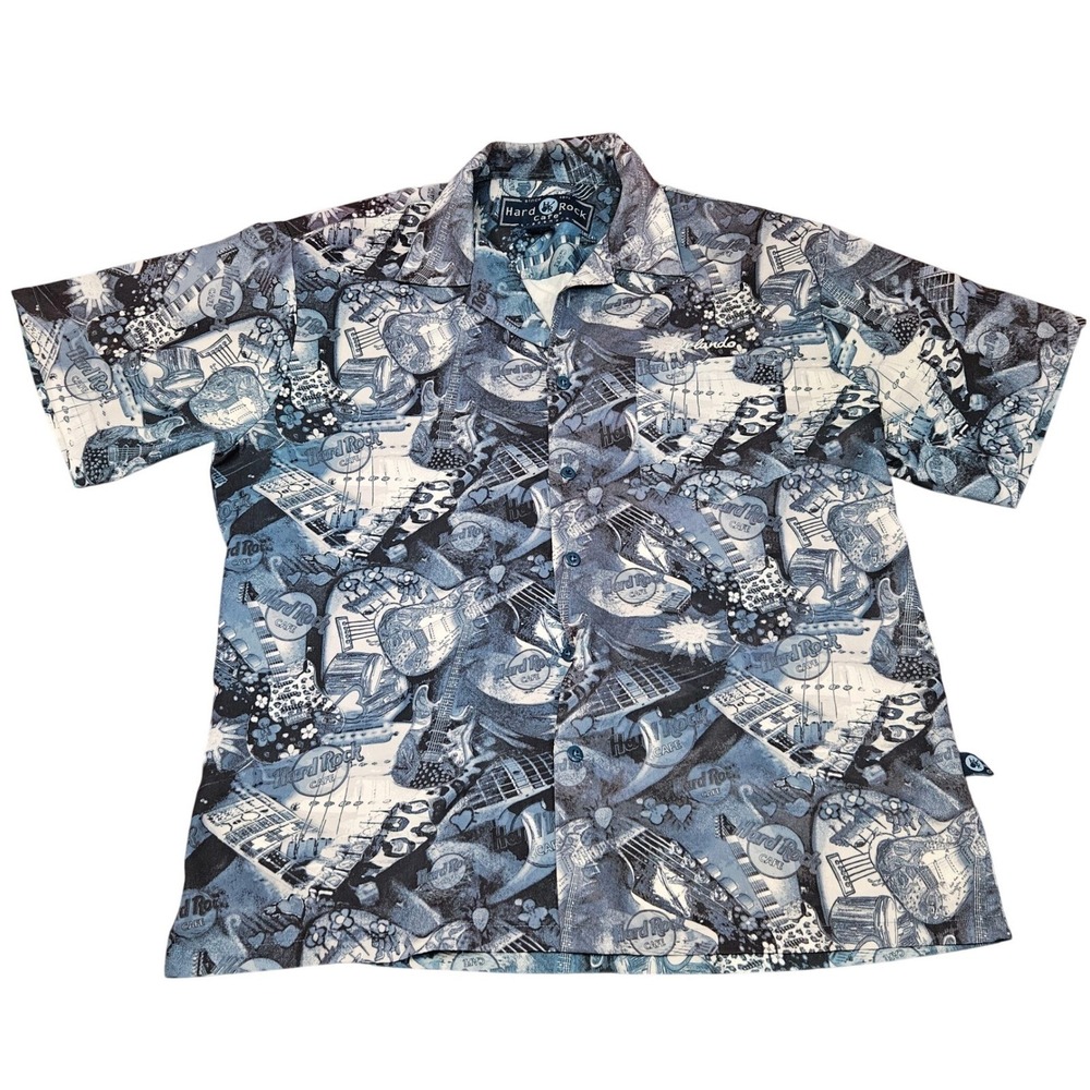 Hard Rock Cafe Button Up Shirt Size L Blue Guitar‎ Print Resort Coastal Grandpa